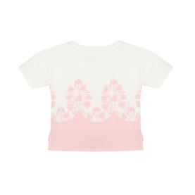 Patachou Bicolour Print T-Shirt in white and pink with floral lace-style border detail, short sleeves, flat lay back view.