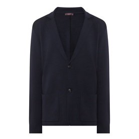Slowear navy virgin wool cardigan with notch lapels, two-button front fastening and patch pockets
