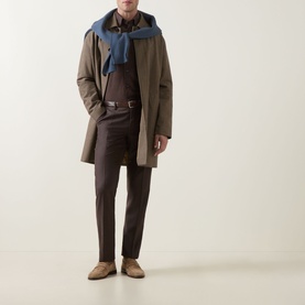 Model wearing Slowear Dark Brown Solid Single-Cuff Shirt, styled with olive coat, blue scarf, dark trousers and tan suede shoes.