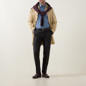 Model wearing Slowear Solid Single-Cuff Shirt in light blue, styled with a camel overcoat, burgundy scarf, and dark tailored trousers.