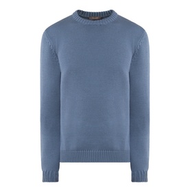 Slowear Rib Knit Sweater in blue, crew neckline, long sleeves, ribbed trims at cuffs, hem and collar, 100% virgin wool