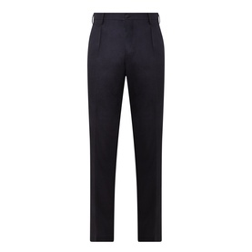 Navy tailored trousers with front pleats, belt loops, and a slim tapered leg, shown flat against a white background.
