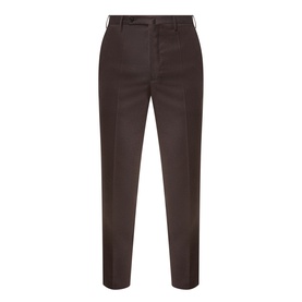 Slowear Straight Leg Trousers in brown wool-cashmere blend, pressed creases, belt loops, fly zip, and rear welt pockets