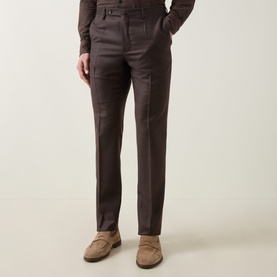 Model wearing Slowear Straight Leg Trousers in brown wool-cashmere, styled with a brown shirt and tan suede loafers.