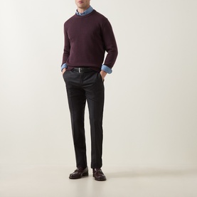 Model wearing Slowear Straight Leg Trousers in charcoal wool-cashmere, styled with a burgundy crew-neck jumper and blue shirt.