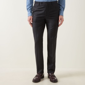 Model wearing Slowear Straight Leg Trousers in charcoal wool-cashmere, styled with a light blue shirt and burgundy loafers.