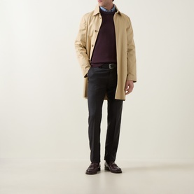 Model wearing Slowear Straight Leg Trousers in charcoal wool-cashmere, styled with a beige mac coat, burgundy knit and brown loafers.