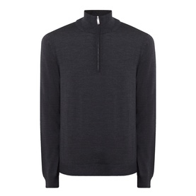 Slowear charcoal half zip knit jumper in 95% virgin wool, ribbed cuffs and hem, silver zip detail at collar
