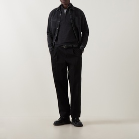 Model wearing Slowear charcoal half zip knit, styled with black denim overshirt, tailored trousers, and leather loafers.
