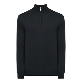 Slowear green wool half zip knitwear with funnel neck and ribbed cuffs and hem, 95% wool