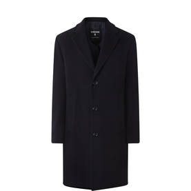 Strellson navy wool cashmere blend overcoat with notch lapels, single-breasted button front, and tailored fit