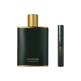 Victoria Beckham 21:50 R&ecirc;verie Fragrance Set, dark green and gold full-size bottle with matching travel spray pen