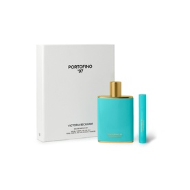 Victoria Beckham Portofino '97 fragrance set with turquoise eau de parfum bottle and matching travel spray, gold caps, white gift box