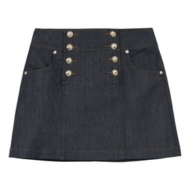 Reiss dark blue denim mini skirt with gold decorative buttons and front patch pockets, A-line silhouette