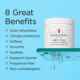 Elizabeth Arden Eight Hour Cream Ultimate Repair Moisturiser jar with 8 key benefits listed including auto-rehydrates and fragrance-free
