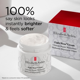 Elizabeth Arden Eight Hour Cream Ultimate Repair Moisturiser jar and box with "100% say skin looks instantly brighter & feels softer" claim text