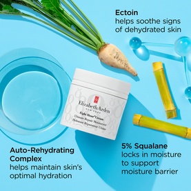 Elizabeth Arden Eight Hour Cream Ultimate Revival moisturiser jar on blue background with key ingredient highlights including Ectoin and Squalane