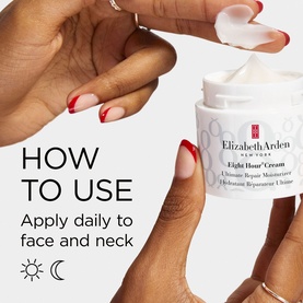 Elizabeth Arden Eight Hour Cream Ultimate Repair Moisturiser held open in hands, with how-to-use application text overlay