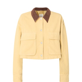 Free People Martha Workwear Jacket in Rattan, cropped cotton style with contrast brown corduroy collar, button-front, and utility chest pockets