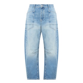 Free People Minimalist Moxi Barrel-Leg Jeans in County Fair, light blue mid-wash denim, barrel-leg fit, patch pockets, contrast stitching