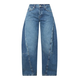 Free People blue wide-leg barrel jeans in 100% cotton denim, featuring a high waist, relaxed curved leg, and faded wash finish.