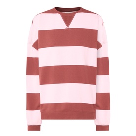 Free People V-Insert Striped Sweater in Strawberry Wine Comb, wide pink and red stripes, crew neck with V-shaped insert, ribbed trims