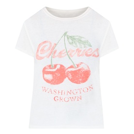 Free People cherry combo T-shirt in white with red cherry graphic and "Cherries Washington Grown" print