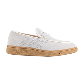 Adidas loafer in Wonder White suede with three-stripe detail, gold penny strap hardware and tan gum sole
