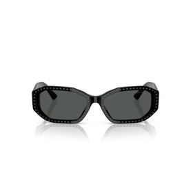 Jimmy Choo black sunglasses with angular geometric frames, studded detailing along edges, and dark grey lenses