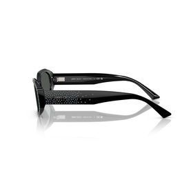 Jimmy Choo black sunglasses with crystal embellishment detail along the temple, side profile view