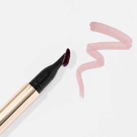 Kash Beauty Lip Lock Lip Stain in Off Record, dark berry tip pen applicator with pink-toned swatch on white background.