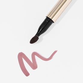 Kash Beauty Lip Lock Lip Stain in Off Record, matte rose-nude lip tint with gold barrel applicator brush and swatch shown