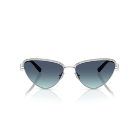 Tiffany & Co silver cat-eye sunglasses with crystal-embellished frames and blue gradient lenses, front view