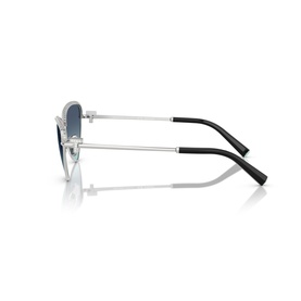 Tiffany & Co silver aviator-style sunglasses, side profile view showing slim metal arms with black tips and blue gradient lenses.