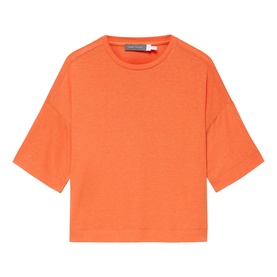 Mint Velvet orange cropped short-sleeve sweatshirt with crew neck and relaxed fit, shown as flat lay