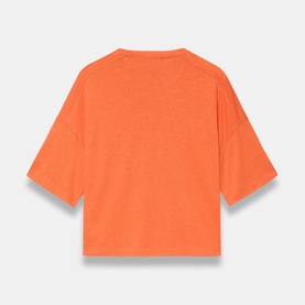 Mint Velvet orange boxy crop top, short raglan sleeves, crew neck, back view