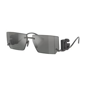Dolce & Gabbana grey rimless rectangular sunglasses with mirrored lenses, gunmetal frames and logo-engraved square temples
