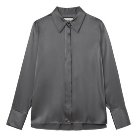 Reiss dark grey satin shirt with pointed collar and concealed button placket, long sleeves