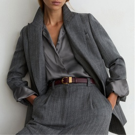 Model wearing Reiss dark grey pinstripe blazer and trousers, styled with a grey satin shirt and burgundy leather belt with gold buckle.