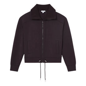 Reiss grape burgundy zip-through jacket with high collar, ribbed cuffs, and drawstring hem