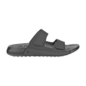 Ecco Cozmo Leather Sliders in black with two adjustable hook-and-loop straps, cushioned footbed, and ridged PU outsole