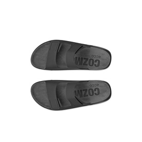 Ecco Cozmo Leather Sliders in black, dual adjustable front straps, cushioned footbed, soft PU outsole, overhead flat lay view