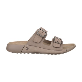 Ecco Cozmo Leather Sliders in beige, two adjustable buckle straps, cushioned footbed, flexible PU outsole, lateral view