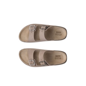 Ecco Cozmo Leather Sliders in beige, overhead view showing dual adjustable buckle straps and cushioned contoured footbed