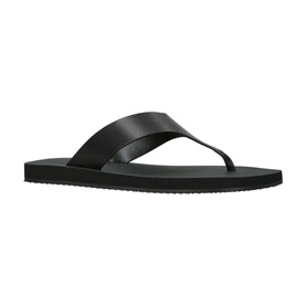 THE ROW Ginza Leather Slides in black, thong-style sandal with smooth leather strap and black textured flat sole