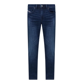 Diesel 3049 dark blue skinny jeans with subtle fading, five-pocket styling and logo patch at waistband
