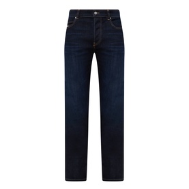 Diesel 3049 slim jeans in dark blue denim, five-pocket design, straight leg silhouette, flat lay view