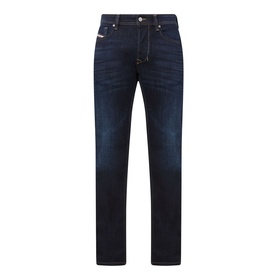 Diesel 1985 Larkee Straight Leg Jeans in dark blue with whiskering, faded details, tobacco stitching and five-pocket styling