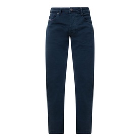 Diesel 3049 blue tapered jeans in cotton-elastane blend, five-pocket style with belt loops, flat lay view
