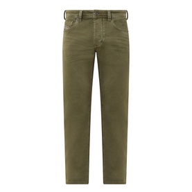 Diesel 1986 Larke-Beex Tapered Jeans in green, low-rise with belt loops, tonal stitching, and khaki wash finish